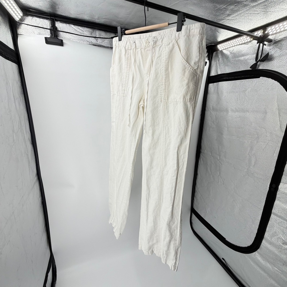 White Linen Blend Drawstring Pants‎ Small Casual Summer Trousers resortwear
